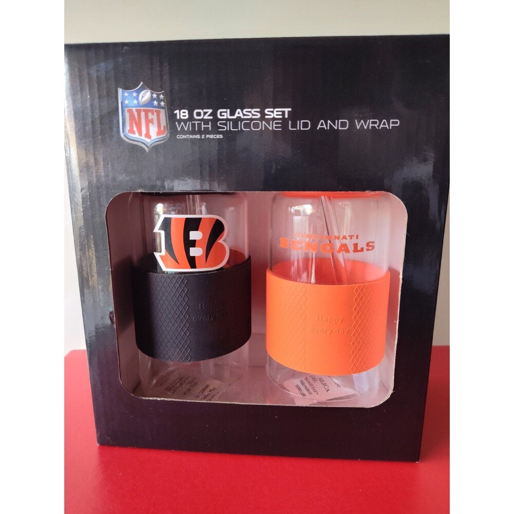 Licensed NFL Cincinnati Bengals 2-Pack 18oz Glasses Silicone Grip Lid W/ Straws